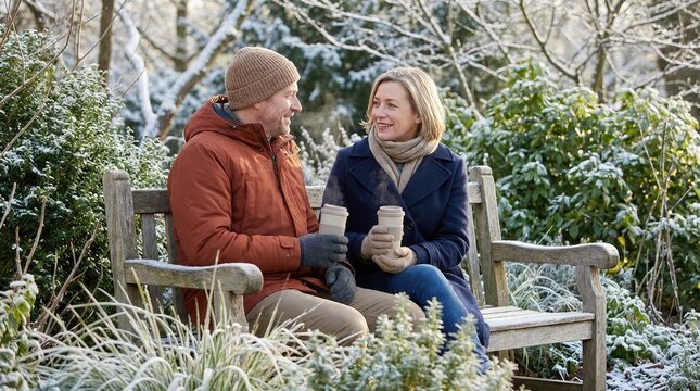 Couple Sharing Hot Drinks on Frosty Winter Park Bench