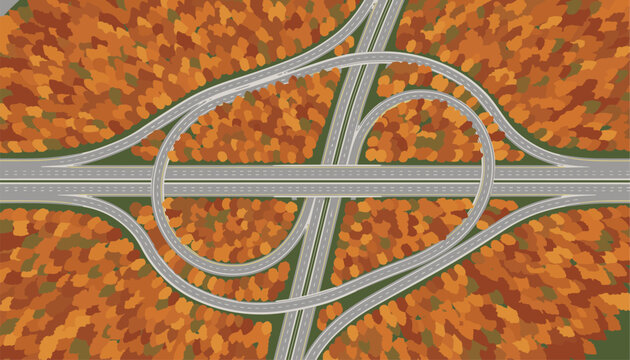 Aerial top down view of a highway cloverleaf interchange surrounded by dense autumn trees with orange foliage.