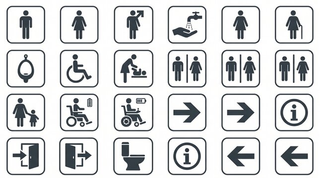 Set of thirty minimalist navy blue public restroom and wayfinding icons in rounded squares, including male, female, unisex, wheelchair accessible, baby changing, family, handwashing, urinal, toilet, e