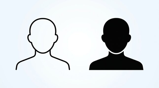Minimalist vector illustration of two generic user avatar icons side by side, one black outline and one solid black silhouette, on a soft white-to-light-blue gradient background, clean flat design.