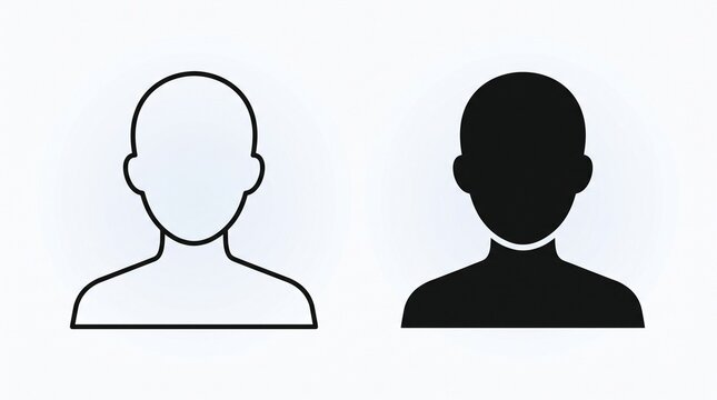 Minimalist vector illustration of two generic user avatar icons side by side, one black outline and one solid black silhouette, on a soft white-to-light-blue gradient background, clean flat design.