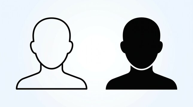 Minimalist vector illustration of two generic user avatar icons side by side, one black outline and one solid black silhouette, on a soft white-to-light-blue gradient background, clean flat design.