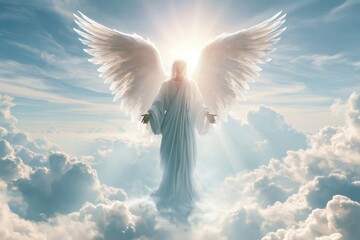 Fototapeta premium Angel standing in heavenly clouds with bright light