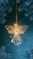Fototapeta premium Glowing wireframe angel christmas ornament hanging with pine branches