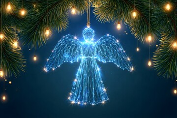 Fototapeta premium Glowing digital angel christmas ornament with pine branch lights