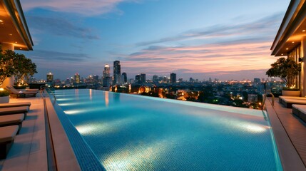 Fototapeta premium Bangkok rooftop infinity pool overlooking city skyline at sunset