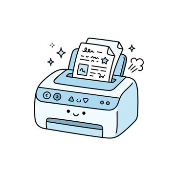 Cute cartoon printer printing paper document with kawaii face