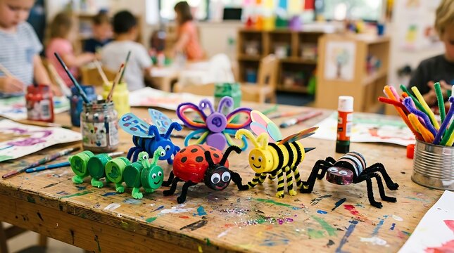Handmade insect crafts made by children in a classroom