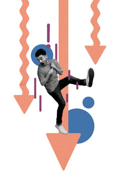 Composite trend artwork sketch image photo collage of&nbsp;huge arrow direction up trader business small young guy omg face emoji crisis down