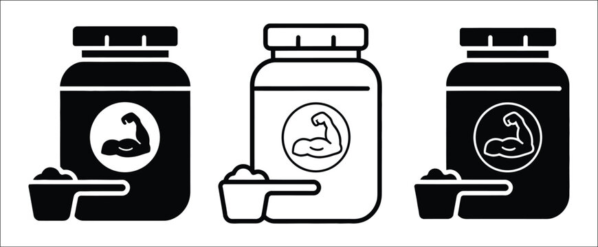 Protein powder jar icon set, fitness supplement, body building muscle workout scoop symbol, vector illustration design concept.