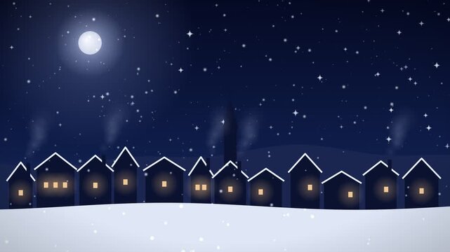 Cozy Village Scene at Night with Snowfall and Full Moon