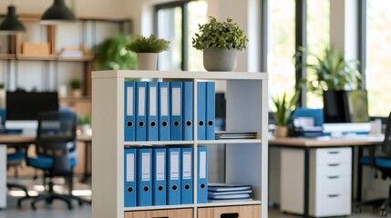 Obraz premium Modern office interior with shelves holding blue binders