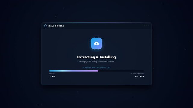 Premium dark mode futuristic OS installer with particle background, dynamic data streams, and multi-phase loading bar.