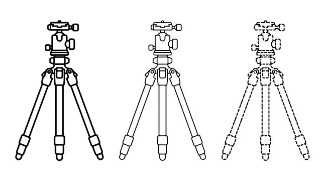 Camera tripod black outline icons set isolated on plain background
