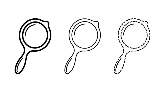 Three black outline hand mirror icons showing solid and dashed line styles