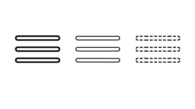 Black hamburger menu icons with solid and dashed line styles set