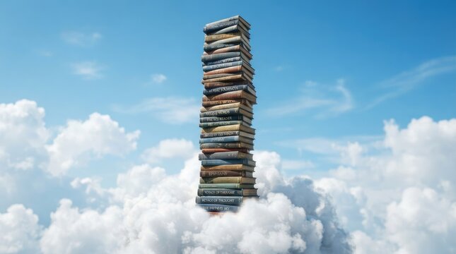 A tall stack of many old books reaching high into the bright blue sky above white clouds