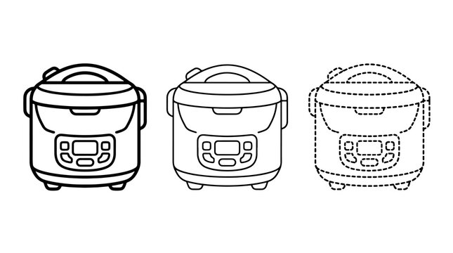 Black outline cooker icon set with solid and dashed line stroke styles
