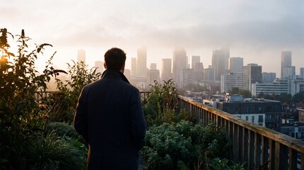 Plakat Man on rooftop balcony overlooking city skyline at sunrise