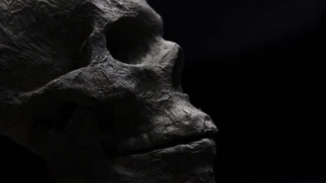 Artificial human skull on a dark background opens and closes the jaw, Halloween decor, creepy skull close-up, horror, revived skeleton, zombie. Realistic mock-up of a human skull