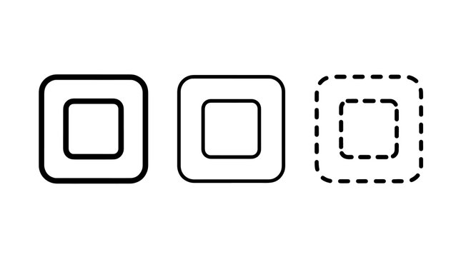 Black square outline icons with solid and dashed border line stroke set