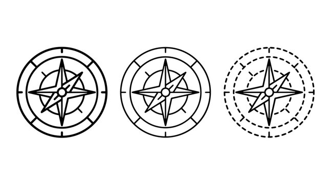 Black line art compass icons set with nautical star and dashed border