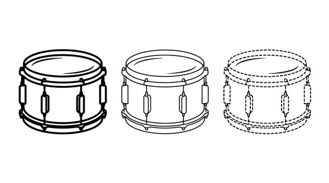 Three black outline snare drum icons set isolated on plain background