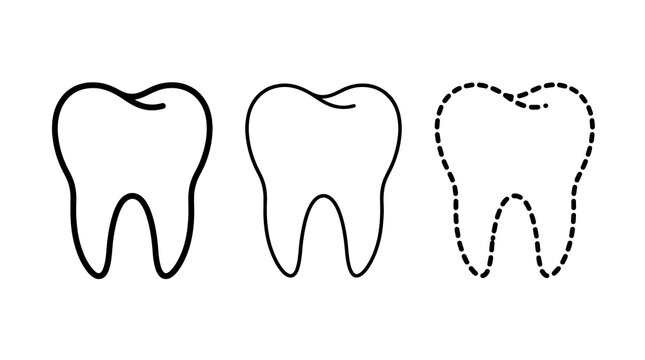 Black outline teeth icons set with solid and dashed line graphic style
