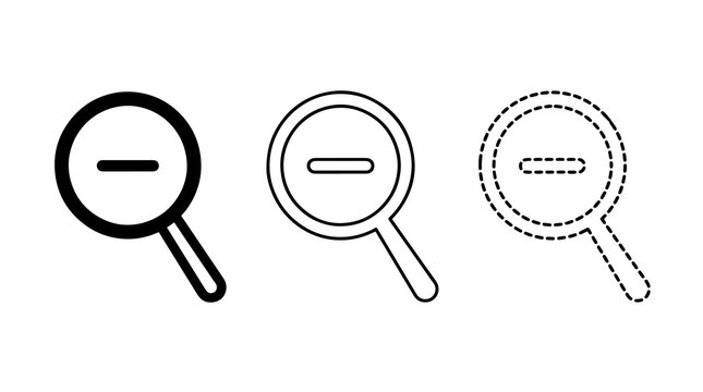 Black outline zoom out icons with dash stroke symbol interface elements