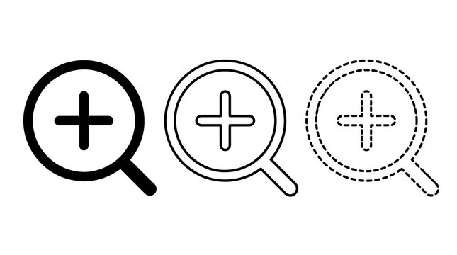 Three zoom in magnifying glass line icons with plus symbol design set