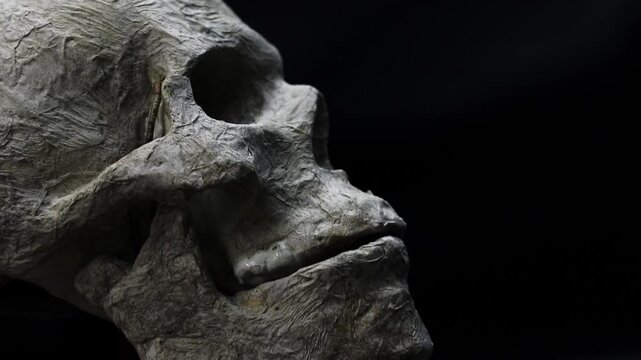 Artificial human skull on a dark background opens and closes the jaw, Halloween decor, creepy skull close-up, horror, revived skeleton, zombie. Realistic mock-up of a human skull