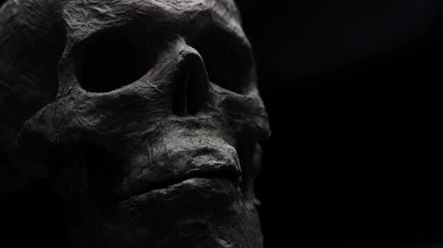 Realistic mock-up of a human skull with a textured surface on a black background. Creepy skull for Halloween with a moving jaw. Textured skull, concept of mysticism, death and Halloween. All Saints' D