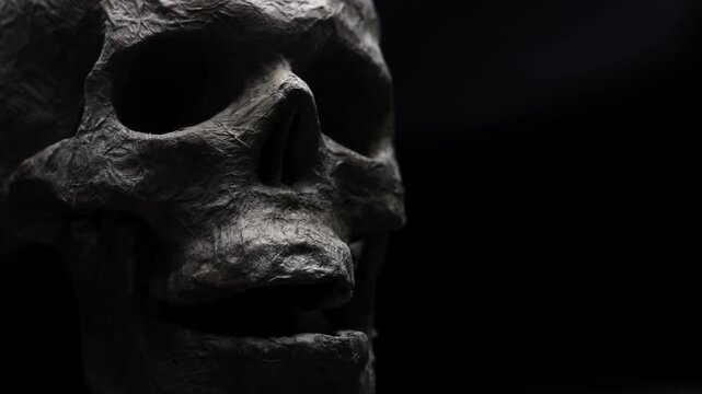 Artificial human skull on a dark background opens and closes the jaw, Halloween decor, creepy skull close-up, horror, revived skeleton, zombie. Realistic mock-up of a human skull