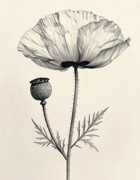 Poppy stem with seed pod and delicate flower in fine botanical ink style