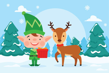 Cute Christmas elf and reindeer standing together in snowy pine tree forest landscape © Chakhrit