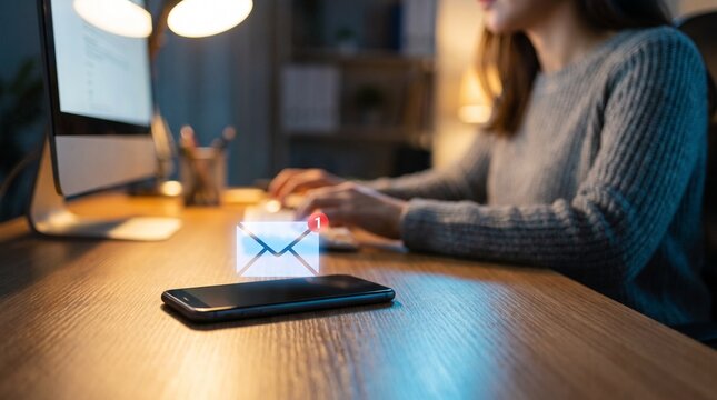 Focused professional woman working late at night in a cozy modern home office typing on computer keyboard with smartphone glowing with new email notification icon resting on wooden desk