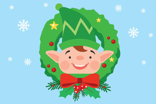 Cute Christmas elf peeking inside pine wreath frame with red bow on blue background