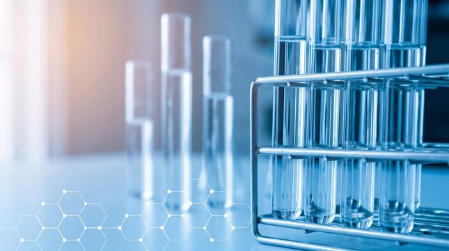 Scientific glass test tubes filled with clear liquid solution arranged neatly inside a metallic rack on laboratory table during medical research and chemical experimentation process
