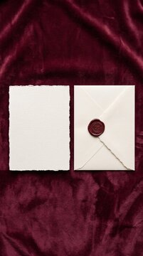 Elegant white envelope with wax seal and torn paper card on luxurious velvet background
