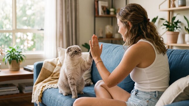 Joyful young woman sitting on a comfortable blue sofa inside a bright living room giving a cute high five to her adorable fluffy scottish fold pet cat