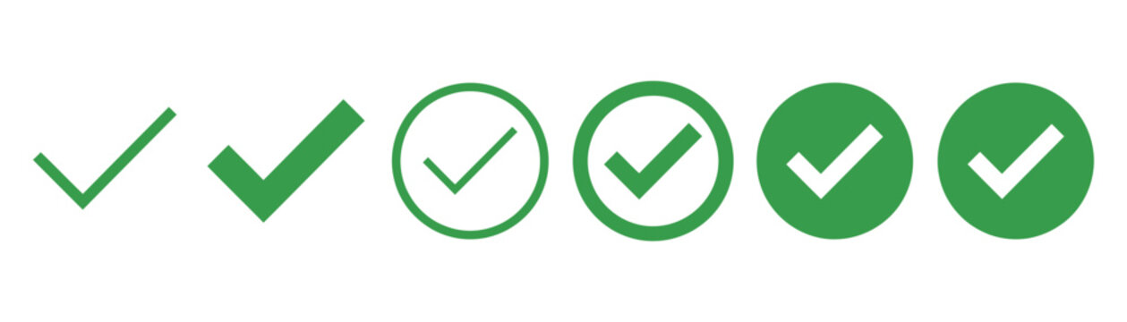 A collection of green checkmark icons displaying completion success validation and positive affirmation in various styles