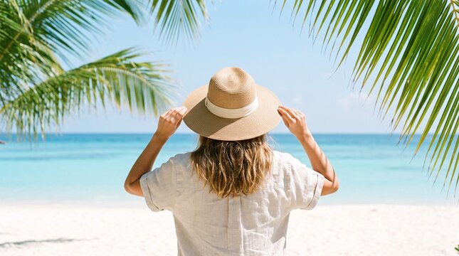 Woman wearing stylish straw sun hat standing on white sand beach looking at turquoise ocean water under bright sunny summer sky framed by lush tropical palm tree fronds overhead