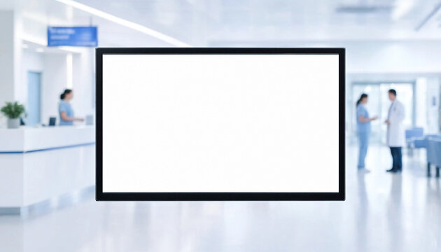 Blank digital billboard mockup hanging in a modern bright hospital interior with medical staff in the background