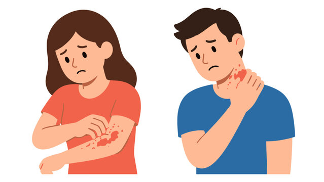 Man and woman scratching itchy skin with red rashes