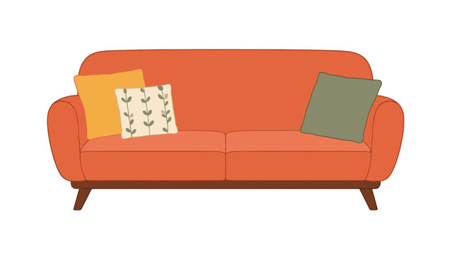 Orange sofa with three decorative pillows