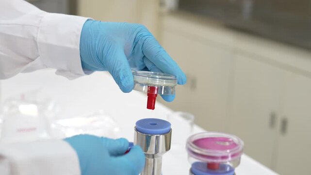 Scientist mounting disposable membrane filter base onto stainless steel manifold holder in microbiology lab