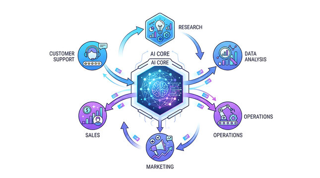 Artificial intelligence core diagram showing business workflow integration across marketing research data analysis sales and customer support for smart automation.