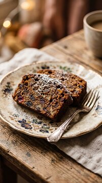 Homemade fruitcake slice on vintage floral plate with coffee on rustic wooden table