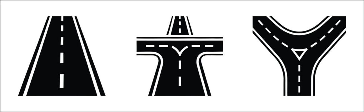 Road highway infrastructure icon set, street intersection overpass, route transportation symbols, urban traffic network vector illustration design