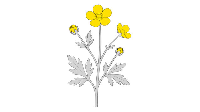 Hand drawn yellow buttercup with flowers and buds